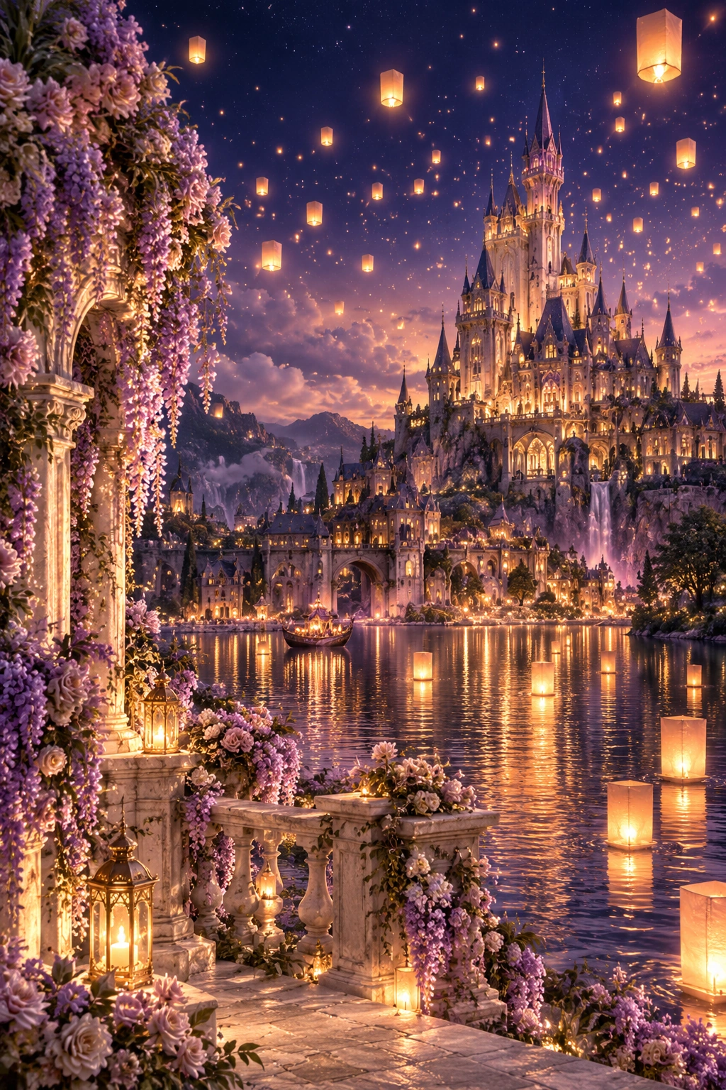 Faroles dorados iluminan el cielo nocturno y se reflejan en el lago junto al castillo