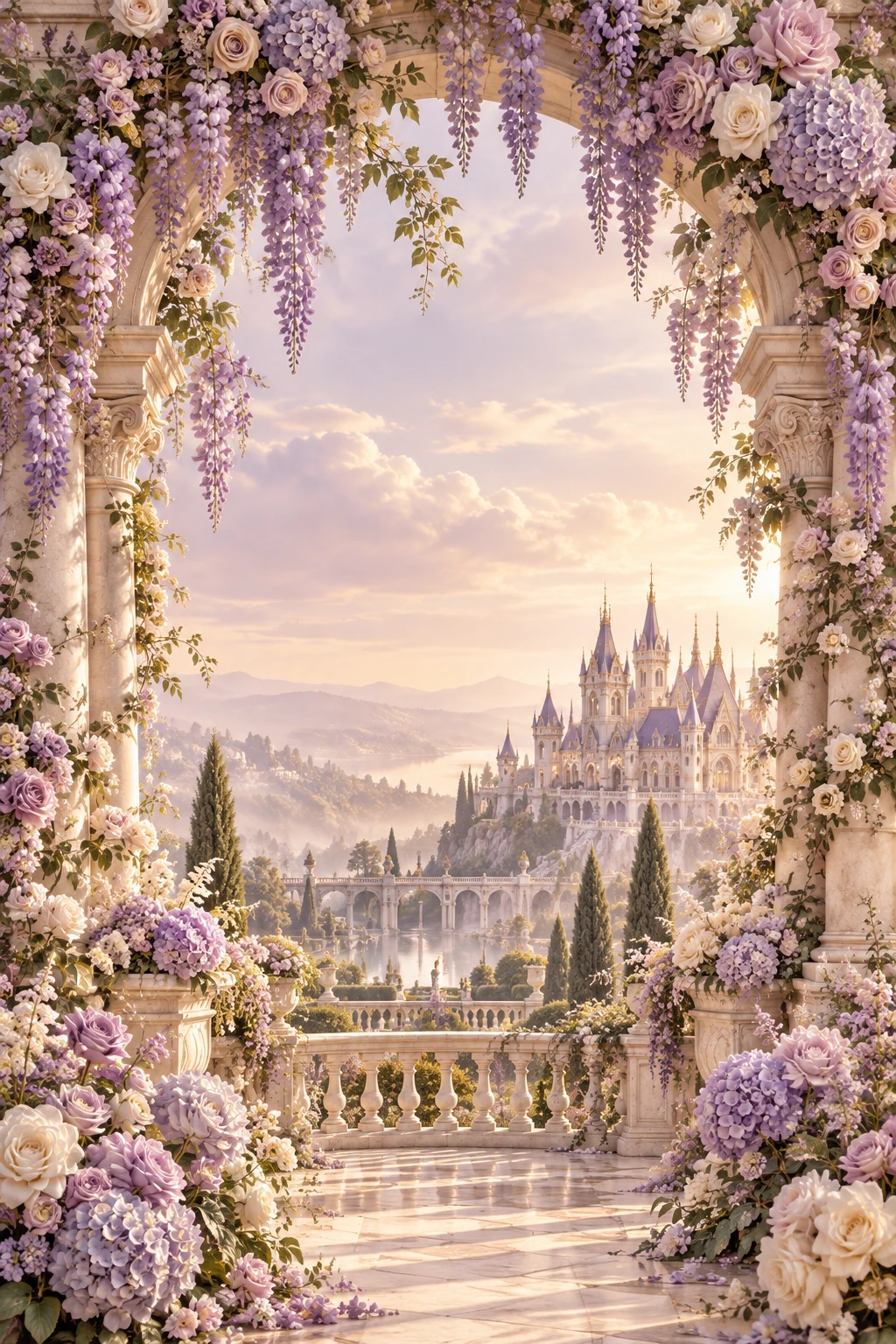 Arco de rosas y glicinas con vista a los jardines de un palacio